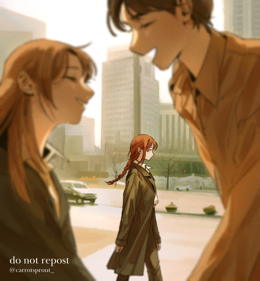 1boy 2girls bare_tree black_coat blurry blurry_foreground braid braided_ponytail brown_hair building car carrotsprout chainsaw_man city closed_eyes coat collared_shirt day extra facing_another formal ground_vehicle highres long_hair makima_(chainsaw_man) motor_vehicle multiple_girls open_mouth redhead road shirt short_hair sidelocks smile street suit tree walking white_shirt