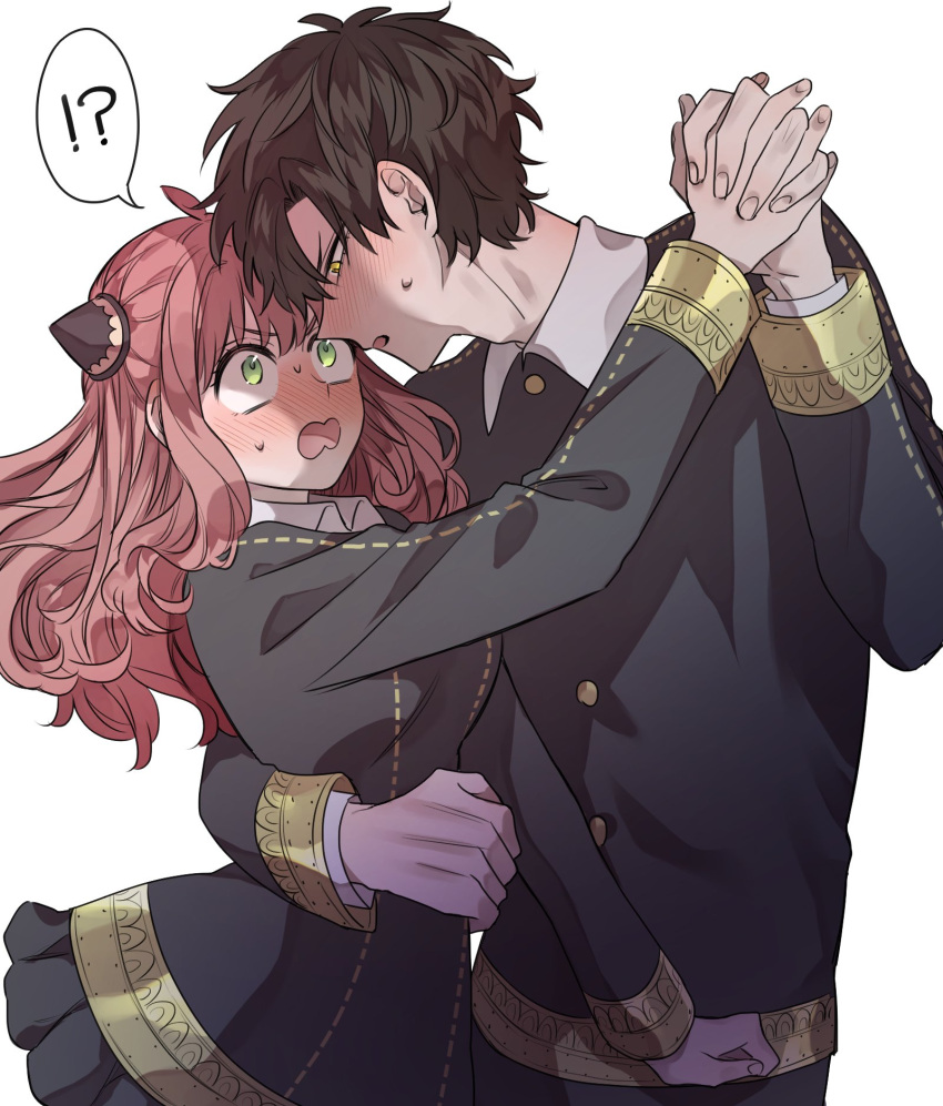 !? 1boy 1girl aged_up anya_(spy_x_family) arm_around_waist blush brown_hair collared_shirt damian_desmond eden_academy_uniform eye_contact green_eyes hairpods height_difference hetero highres holding_hands interlocked_fingers long_sleeves looking_at_another nai0524 pink_hair school_uniform shirt simple_background spy_x_family sweatdrop white_background yellow_eyes