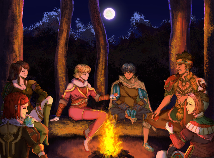 3boys 3girls against_tree baten_kaitos blonde_hair blue_footwear brown_hair campfire cape eating facial_mark fingerless_gloves fire food forest gibari gloves hairband headwear_removed helmet helmet_removed kalas_(baten_kaitos) lipstick log long_hair lyude makeup mizuti_(baten_kaitos) moon multiple_boys multiple_girls nature night outdoors pink_hairband ponytail redhead sandals savyna short_hair sidelocks sitting tree tsukiyumi white_gloves xelha_(baten_kaitos)