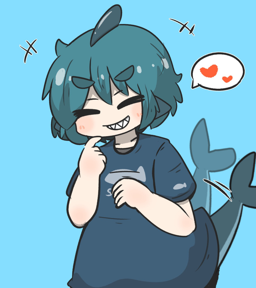 +++ 1girl afterimage alternate_hair_length alternate_hairstyle bangs blue_hair blue_shirt blush closed_eyes collarbone commentary_request expressive_tail facing_viewer fish_tail fuka-chan grin hair_between_eyes hand_up heart highres looking_at_viewer original shark_tail sharp_teeth shirt short_eyebrows short_sleeves smile solo speech_bubble spoken_heart tail tail_wagging teeth thick_eyebrows uni_souchou