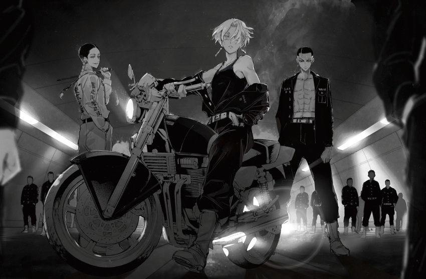 6+boys abs absurdres belt bmw_(man24) boots braid braided_ponytail earrings full_body greyscale ground_vehicle haitani_ran hand_in_pocket highres holding holding_weapon jacket jewelry kakuchou kurokawa_izana long_hair looking_at_viewer monochrome motor_vehicle motorcycle multiple_boys off_shoulder open_clothes open_jacket over_shoulder pants scar scar_on_face short_hair sitting tank_top tokyo_revengers very_short_hair weapon weapon_over_shoulder