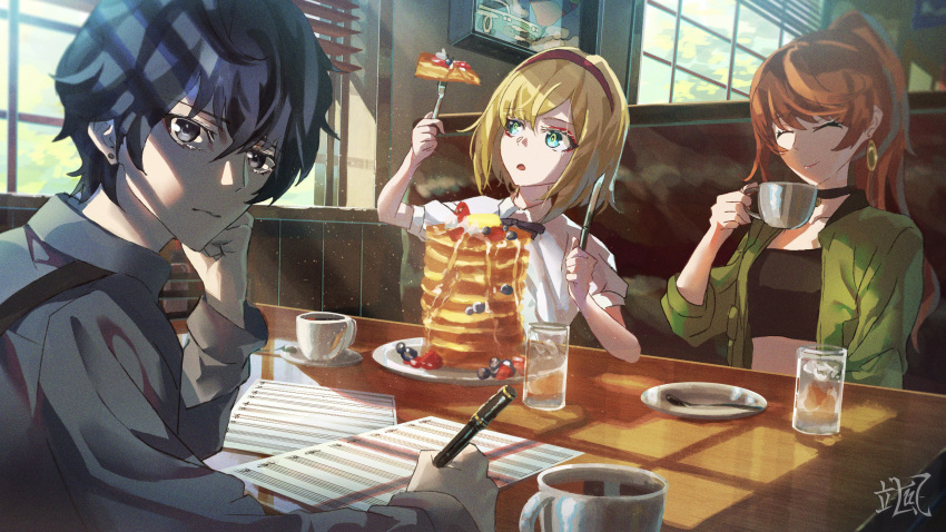 1boy 2girls absurdres anna_schneider asahina_takt bangs black_hair black_tube_top blinds blonde_hair blueberry booth_seating brown_hair butter choker closed_mouth collared_shirt cup destiny_(takt_op.) ear_piercing earrings food fork fruit glass green_eyes green_jacket grey_eyes grey_shirt hair_between_eyes hairband hayateluc highres holding holding_cup holding_fork holding_knife holding_pen ice ice_cube jacket jewelry knife long_sleeves looking_at_viewer multiple_girls open_mouth pancake pancake_stack paper pen piercing plate ponytail saucer sheet_music shirt short_sleeves signature sitting smile strapless strawberry sunlight table takt_op._destiny tube_top white_shirt window