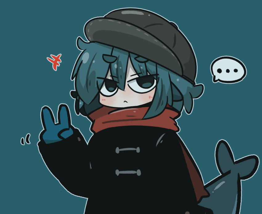 +++ ... 1girl :&lt; bangs black_coat blue_background blue_eyes blue_gloves blue_hair blush cabbie_hat closed_mouth coat commentary_request fish_tail fuka-chan gloves hair_between_eyes hand_up hat highres long_sleeves looking_at_viewer original red_scarf scarf shark_tail short_eyebrows simple_background sleeves_past_wrists solo spoken_ellipsis tail thick_eyebrows uni_souchou upper_body