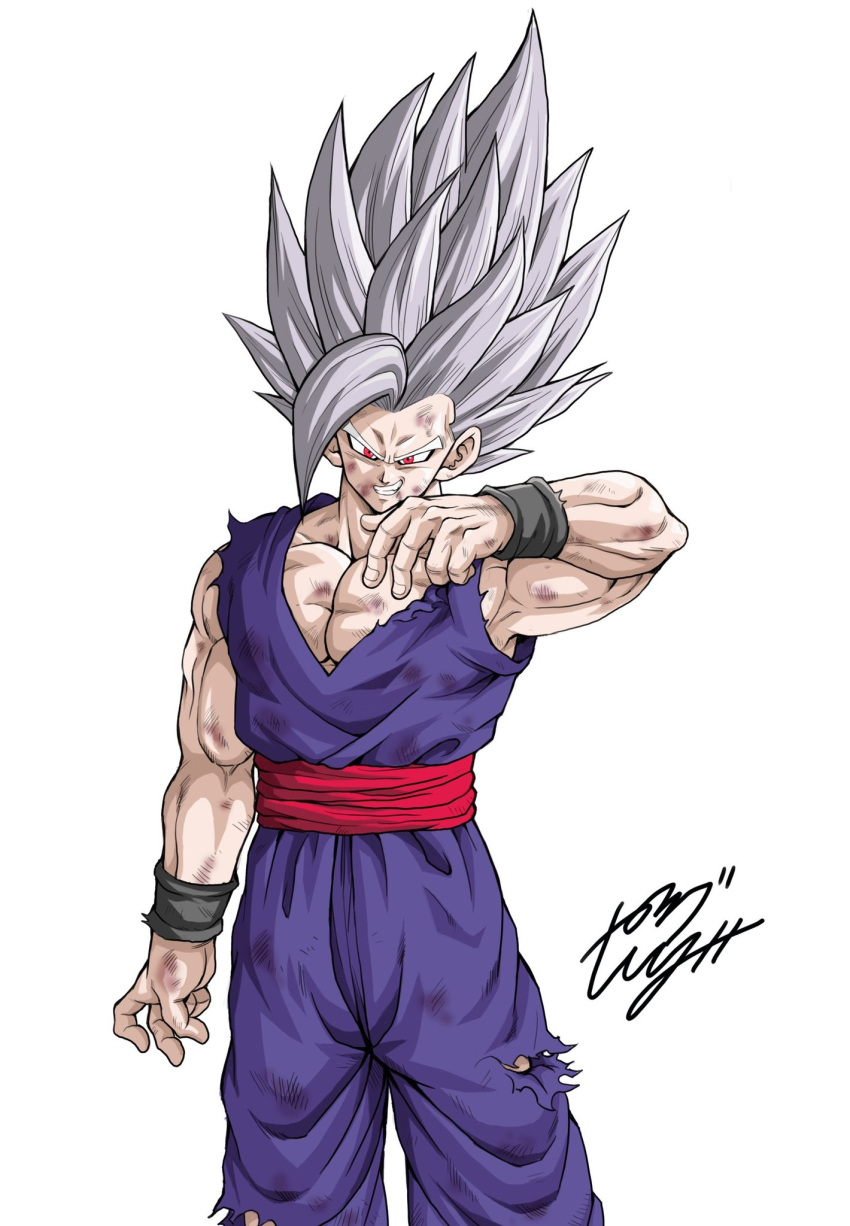 1boy battle_damage big_hair dougi dragon_ball dragon_ball_super dragon_ball_super_super_hero gohan_beast grey_hair grin highres looking_at_viewer red_eyes signature smile son_gohan spiky_hair torn_clothes youngjijii