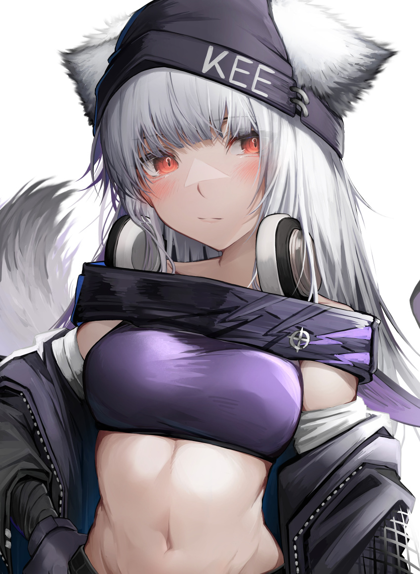 1girl absurdres animal_ears arknights bare_shoulders black_jacket blush fox_ears fox_girl fox_tail frostleaf_(arknights) frostleaf_(break_the_ice)_(arknights) hat headphones headphones_around_neck highres jacket long_hair looking_at_viewer medium_hair midriff navel off_shoulder official_alternate_costume open_clothes open_jacket orange_eyes red_eyes slit_pupils smile solo tab_head tail upper_body very_long_hair white_hair