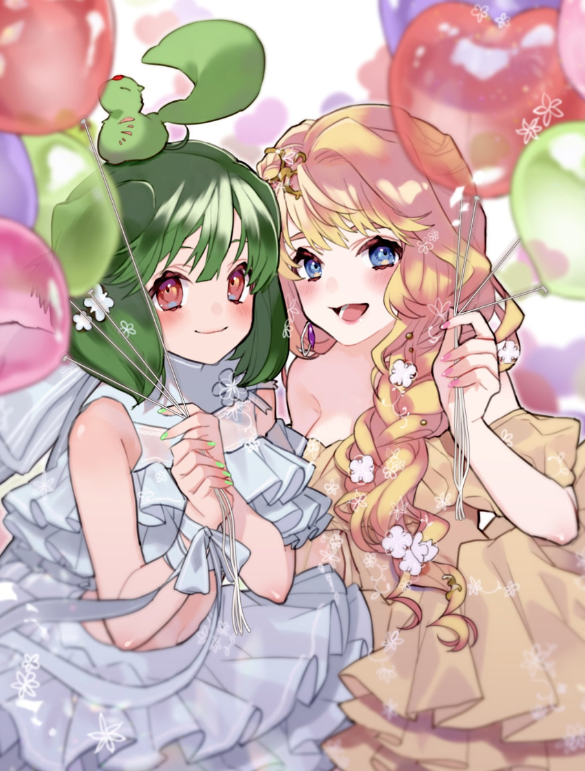 2girls ai-kun balloon bangs bare_shoulders blonde_hair blue_eyes blush braid dress earrings flower green_hair hair_flower hair_ornament hair_over_shoulder highres holding holding_balloon jewelry long_hair looking_at_viewer macross macross_frontier multiple_girls nail_polish ranka_lee red_eyes sechi_(stst1850) sheryl_nome single_earring sleeveless sleeveless_dress white_dress yellow_dress