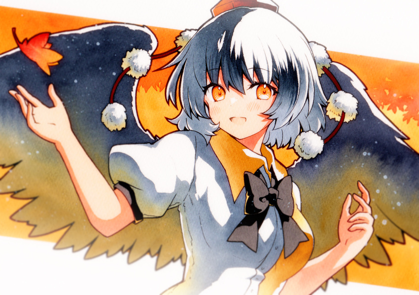 1girl arm_at_side bird_wings black_bow black_bowtie black_hair black_wings bow bowtie collared_shirt grey_hair hands_up hat highres leaf looking_at_viewer maple_leaf orange_eyes overexposure pom_pom_(clothes) qqqrinkappp shameimaru_aya shirt short_hair smile solo tokin_hat touhou traditional_media upper_body white_shirt wing_collar wings