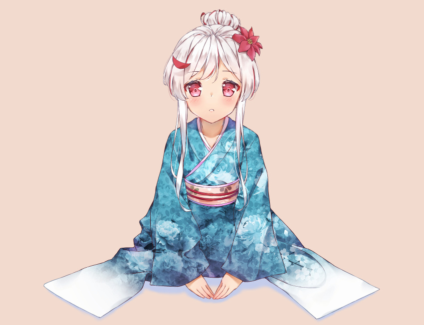 1girl blue_kimono blush collarbone floral_print flower grey_background hair_flower hair_ornament highres japanese_clothes kimono kneeling long_sleeves looking_at_viewer obi original parted_lips print_kimono red_eyes red_flower sash short_hair_with_long_locks simple_background solo wakkuchin20 white_hair wide_sleeves