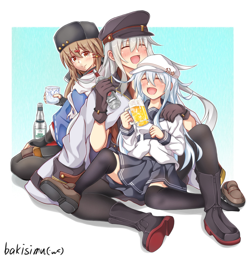 1girl alcohol beer beer_mug black_bow black_gloves black_headwear black_pantyhose black_sailor_collar black_skirt black_thighhighs blue_shawl bottle bow brown_eyes brown_hair closed_eyes commentary_request cup fingerless_gloves flat_cap gangut_(kancolle) gangut_dva_(kancolle) gloves grey_hair hair_bow hammer_and_sickle hat hibiki_(kancolle) highres holding holding_cup jacket jacket_on_shoulders kantai_collection koutetunamekuji long_hair low_twintails military_jacket mug pantyhose papakha peaked_cap sailor_collar sailor_shirt scarf shawl shirt sitting skirt solo tashkent_(kancolle) thigh-highs torn_scarf twintails verniy_(kancolle) vodka white_hair white_headwear white_jacket white_scarf white_shirt