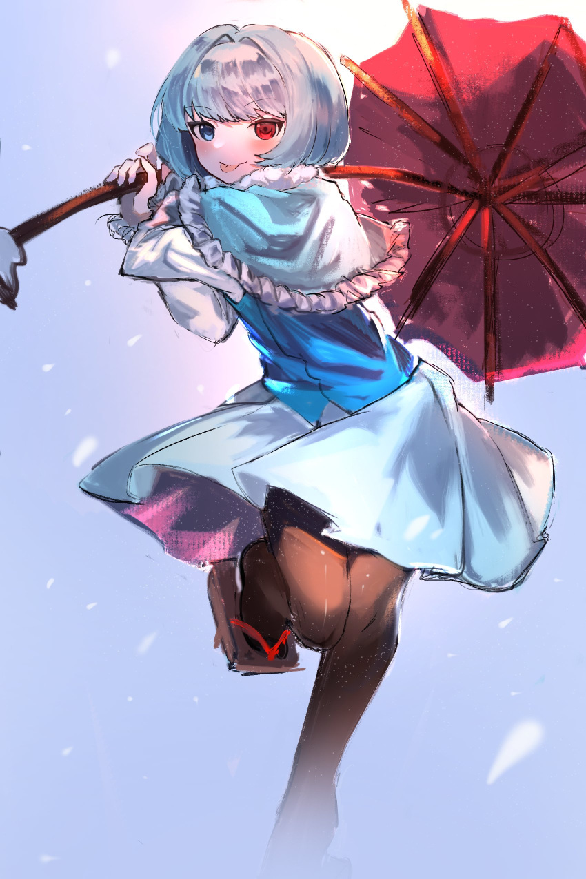 1girl absurdres black_pantyhose blue_background blue_capelet blue_eyes blue_hair blue_skirt blue_vest capelet commeowdore commission english_commentary geta heterochromia highres holding holding_umbrella leg_up long_sleeves looking_at_viewer oil-paper_umbrella pantyhose red_eyes red_umbrella short_hair skirt solo tatara_kogasa tongue tongue_out touhou umbrella vest wild_and_horned_hermit