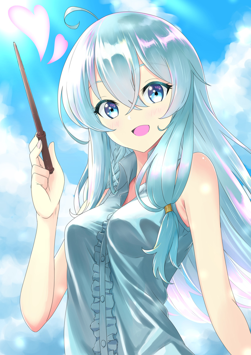 1girl :d absurdres ahoge bangs bare_arms blue_eyes blue_sky breasts clouds collared_shirt day dress_shirt elaina_(majo_no_tabitabi) floating_hair grey_shirt hair_between_eyes heart highres holding holding_wand long_hair looking_at_viewer majo_no_tabitabi open_mouth outdoors paradox_(hatto_air) shiny shiny_hair shirt sky sleeveless sleeveless_shirt small_breasts smile solo sunlight upper_body wand white_hair wing_collar