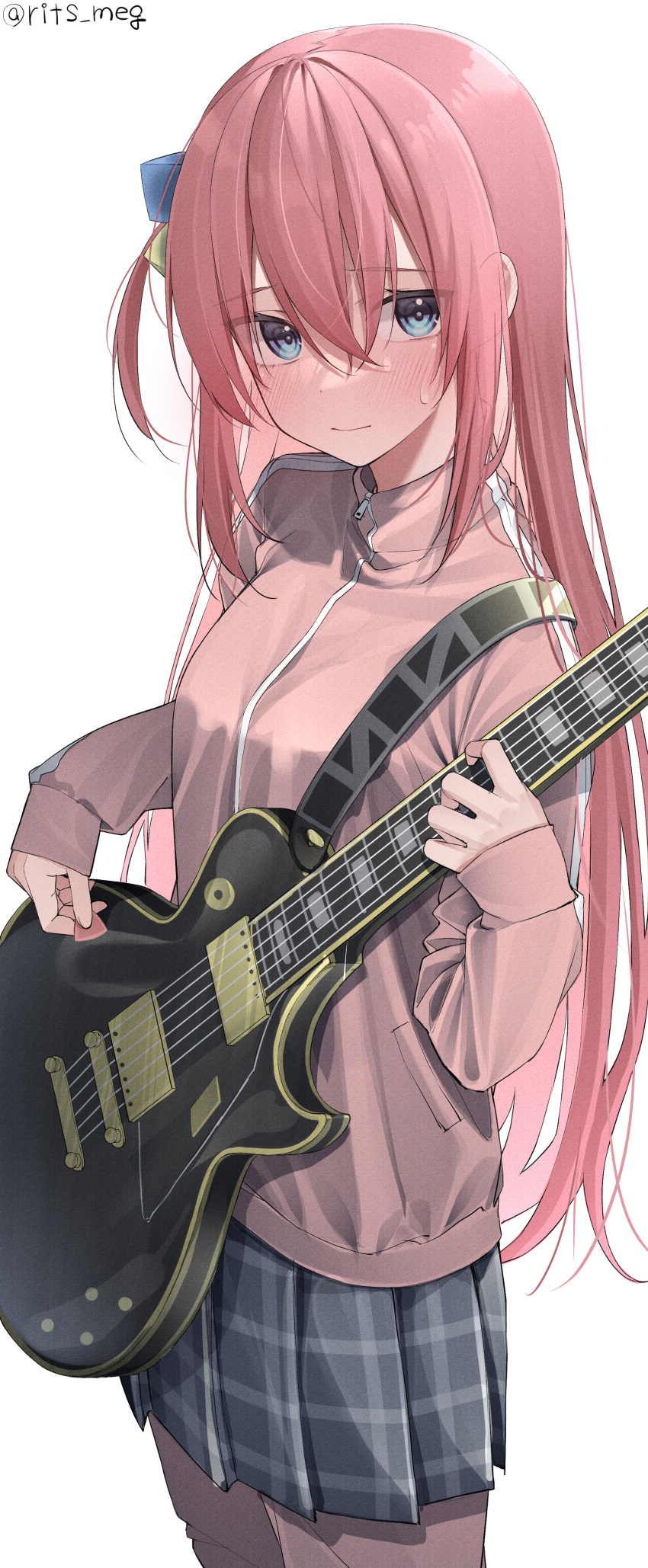 1girl absurdres black_skirt blue_eyes blush bocchi_the_rock! closed_mouth commentary_request electric_guitar gotou_hitori guitar hair_between_eyes hair_ornament highres holding holding_instrument instrument jacket kawai_ritsu_(rits_meg) long_hair long_sleeves looking_at_viewer pink_hair pink_jacket plaid plaid_skirt simple_background skirt solo sweatdrop twitter_username white_background