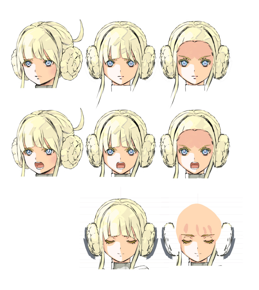 bald bald_girl bangs blonde_hair blue_eyes bright_pupils closed_eyes closed_mouth double_bun doughnut_hair_bun expressionless expressions godz_order hair_bun head_only highres light_smile looking_at_viewer multiple_views official_art open_mouth sidelocks simple_background straight-on v-shaped_eyebrows white_background white_pupils yasuda_akira yuri_godbuster