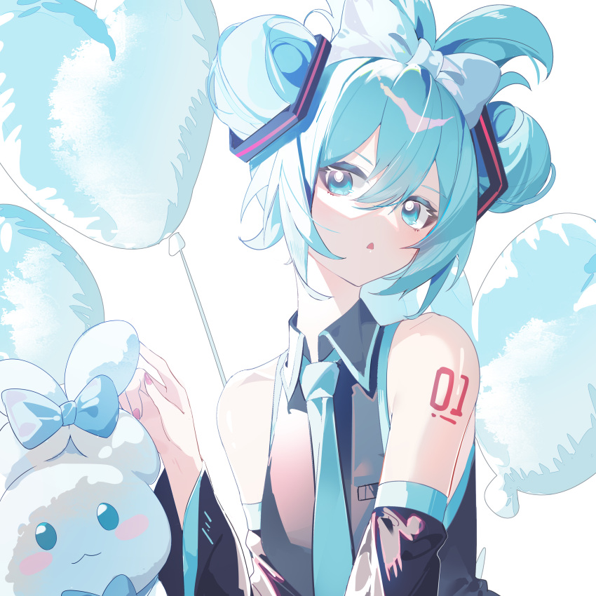 1girl absurdres aqua_eyes aqua_nails aqua_shirt aqua_theme balloon bangs bare_shoulders blue_hair detached_sleeves double_bun fingernails grey_shirt hair_bun hair_ornament hair_ribbon hatsune_miku highres light_blue_hair long_sleeves looking_down nail_polish necktie parted_lips qtian ribbon shirt sleeveless sleeveless_shirt stuffed_toy vocaloid