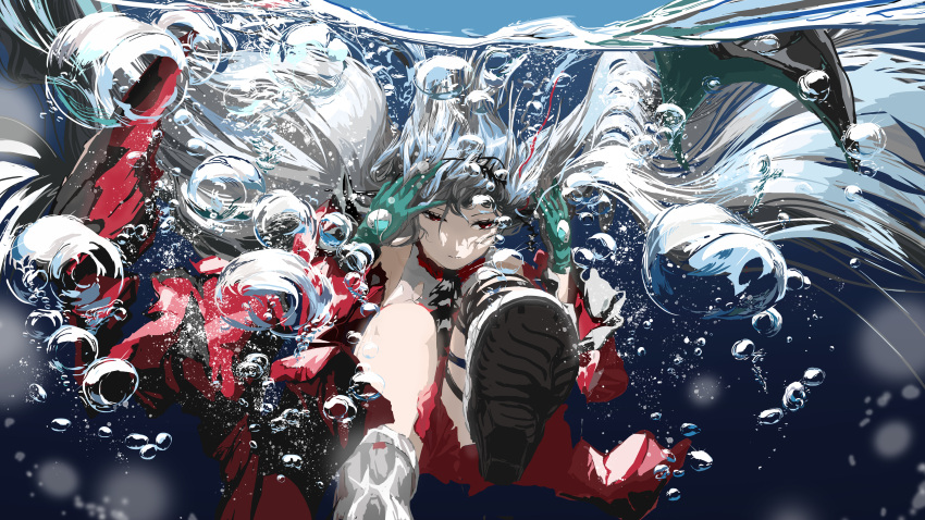 1girl absurdres air_bubble arknights bubble chrcred dress gloves highres long_hair red_dress red_eyes skadi_(arknights) skadi_the_corrupting_heart_(arknights) underwater very_long_hair white_hair
