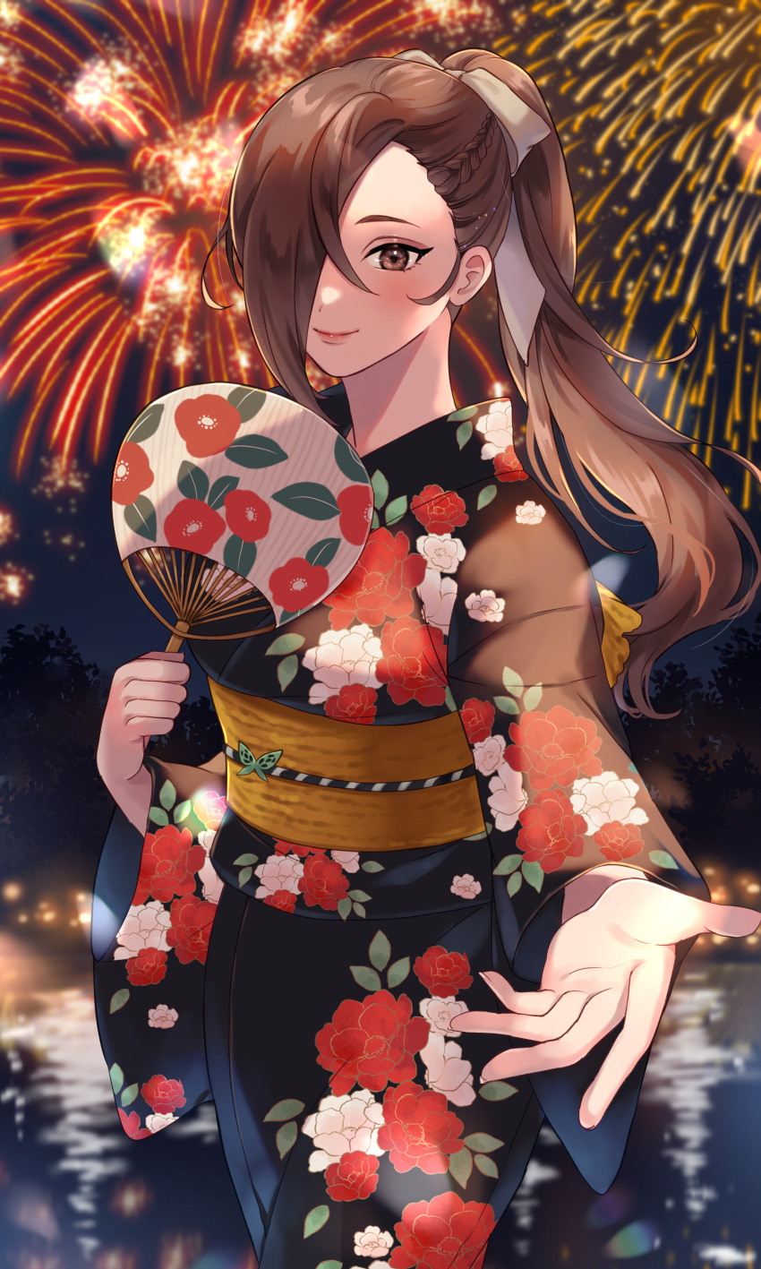 1girl absurdres alternate_costume black_kimono blush bow braid brown_eyes brown_hair closed_mouth commentary_request fire_emblem fire_emblem_fates fireworks floral_print french_braid hair_bow hair_over_one_eye hand_fan highres holding holding_fan japanese_clothes kagero_(fire_emblem) kimono lips long_hair looking_at_viewer night night_sky obi one_eye_covered outdoors paper_fan pink_lips ponytail print_kimono reaching_towards_viewer sash sky smile solo wawatiku white_bow wide_sleeves yukata