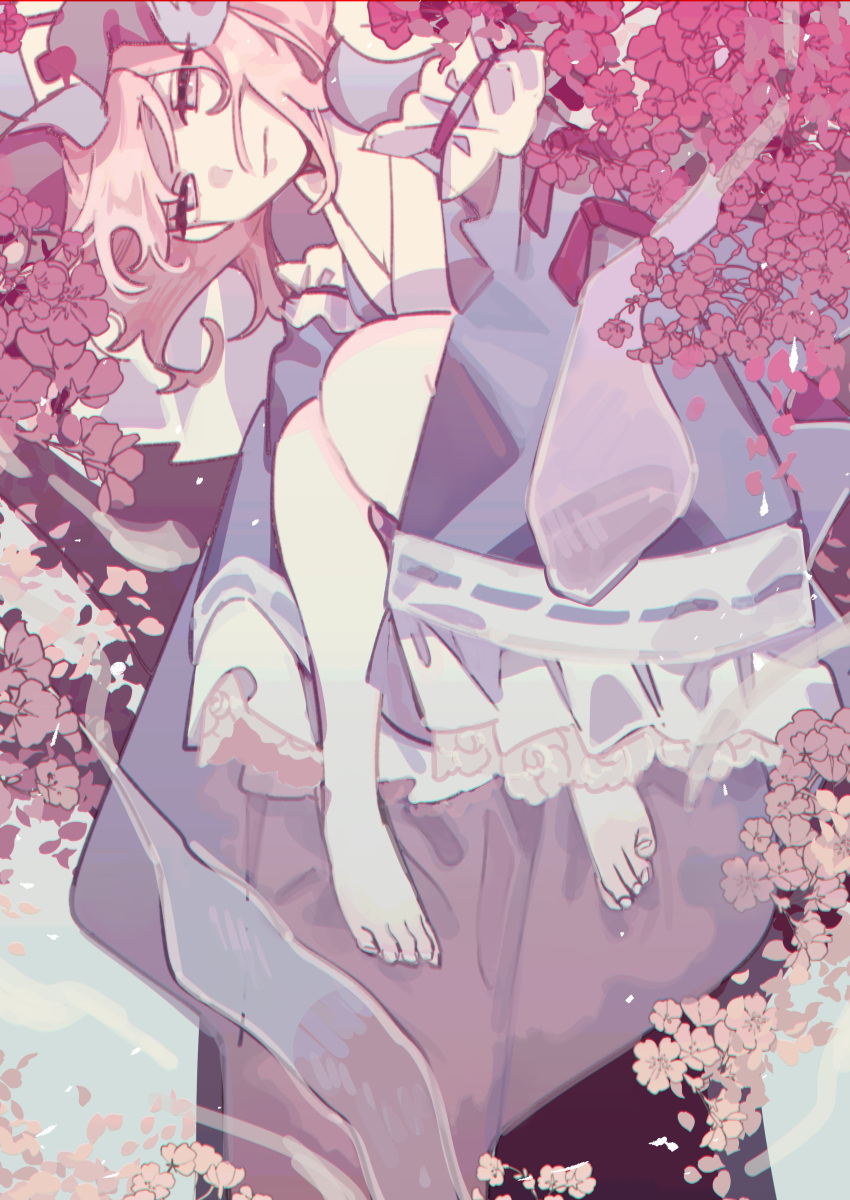 1girl absurdres cherry_blossoms eyelashes feet flower frilled_kimono frills ghost_hair_ornament hair_between_eyes hair_strand hat highres japanese_clothes kimono long_sleeves looking_at_viewer mob_cap pink_eyes pink_hair saigyouji_yuyuko shi_chimi short_hair solo touhou