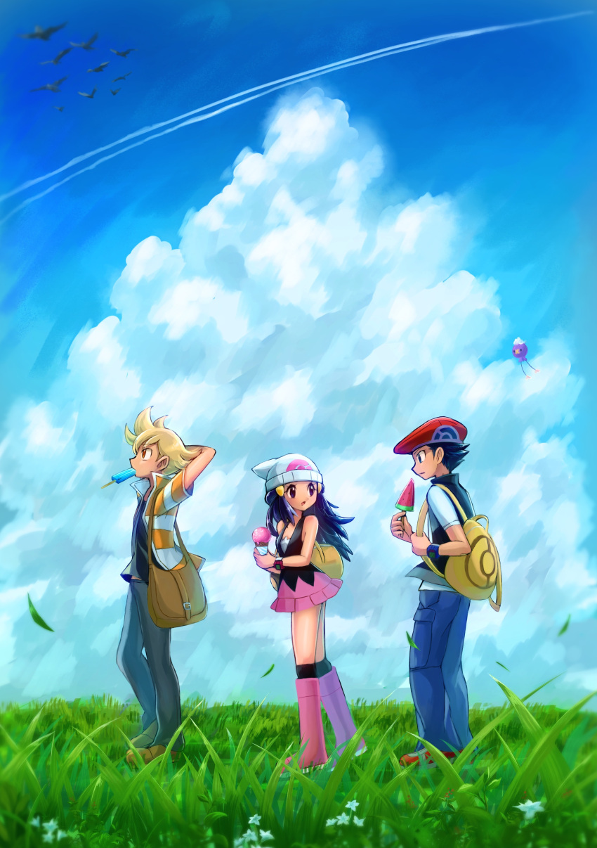 1girl 2boys absurdres arms_behind_head barry_(pokemon) black_eyes black_hair black_jacket black_shirt black_socks blonde_hair blue_hair blue_pants blue_sky boots clouds day drifloon eye_contact food from_side grass grey_pants hat highres hikari_(pokemon) holding holding_food ice_cream jacket knee_boots long_hair looking_at_another looking_back lucas_(pokemon) miniskirt multiple_boys orange_eyes outdoors pants pink_footwear pink_skirt poke_ball_print pokemon pokemon_(game) pokemon_dppt popsicle popsicle_in_mouth print_headwear profile red_headwear sawarabi_(sawarabi725) shiny shiny_hair shirt short_hair short_sleeves skirt sky sleeveless sleeveless_jacket sleeveless_shirt socks watermelon_bar white_headwear white_shirt