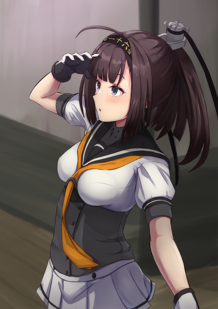 1girl akizuki_(kancolle) black_hair black_headband black_sailor_collar blush clothes_writing garugarubesu grey_eyes hachimaki headband highres kantai_collection neckerchief orange_neckerchief parted_lips pleated_skirt ponytail sailor_collar school_uniform serafuku short_hair short_sleeves skirt solo white_skirt