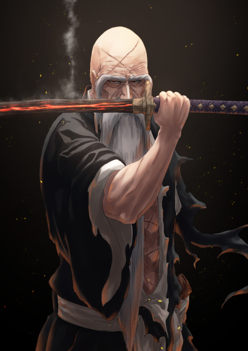 1boy amputee bald beard bleach bleach:_the_thousand-year_blood_war embers facial_hair grey_hair highres holding holding_sword holding_weapon long_beard looking_at_viewer mitarashi_(5333069) mustache old old_man scar sword thick_eyebrows torn_clothes weapon wide_sleeves yamamoto-genryuusai_shigekuni
