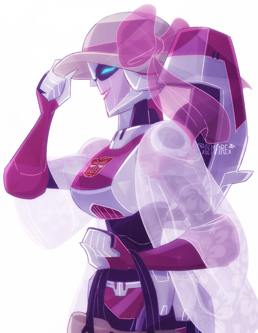 1girl alien arcee autobot blue_eyes breasts closed_eyes gemxfirex hat highres humanoid_robot medium_breasts panties pink_lips pink_panties robot see-through simple_background solo transformers transformers_animated underwear white_background