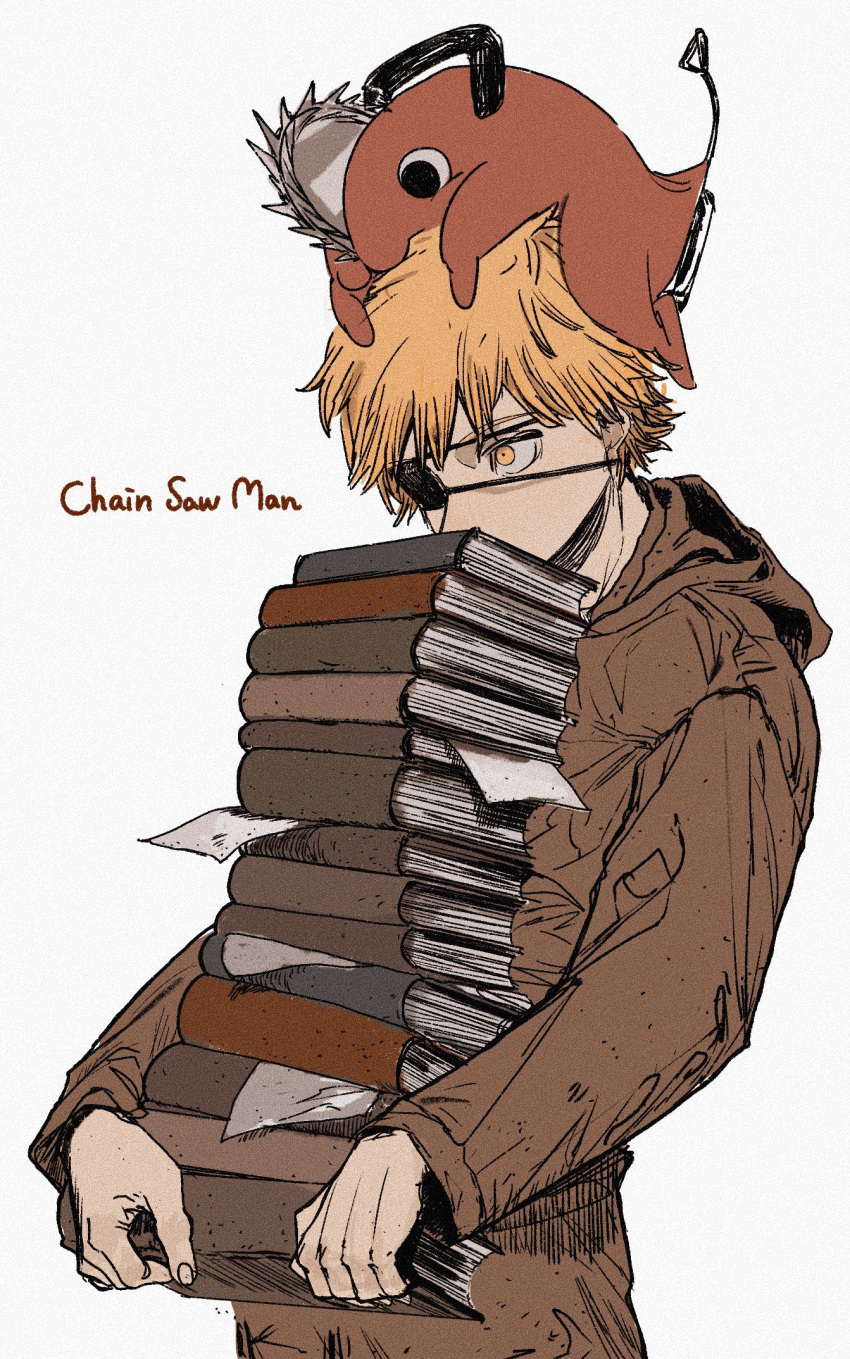 1boy animal_on_head bangs blonde_hair book book_stack brown_hoodie chainsaw chainsaw_man covered_mouth denji_(chainsaw_man) eyepatch highres holding holding_book hood hoodie looking_to_the_side on_head pochita_(chainsaw_man) short_hair simple_background solo_focus spiky_hair tasuketemama white_background yellow_eyes