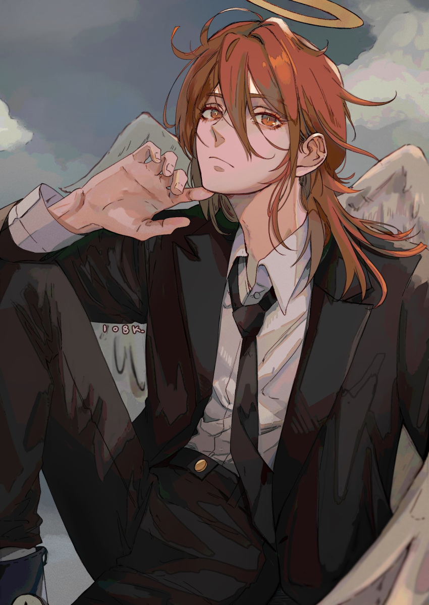 1boy 1o8k androgynous angel_devil_(chainsaw_man) angel_wings black_jacket black_necktie black_pants black_suit brown_eyes brown_hair chainsaw_man clouds cloudy_sky collared_shirt feathered_wings formal hair_between_eyes halo hand_to_own_face highres jacket long_hair long_sleeves looking_at_viewer male_focus necktie pants shirt shirt_tucked_in sky solo suit suit_jacket upper_body white_shirt white_wings wings