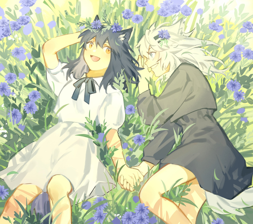 2girls :d aged_down animal_ears arknights black_dress black_hair black_ribbon blue_eyes blush day dress flower grass hair_flower hair_ornament highres holding_hands lappland_(arknights) long_hair long_sleeves lying multiple_girls neck_ribbon on_back on_grass on_side outdoors parted_lips purple_flower ribbon short_sleeves smile tail texas_(arknights) white_dress white_hair wolf_ears wolf_girl wolf_tail yanfenguogao yellow_eyes