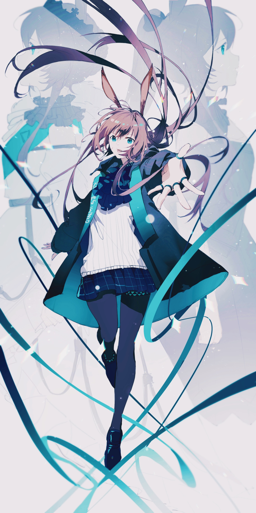 1girl :d absurdres amiya_(arknights) animal_ear_fluff animal_ears arknights bangs black_footwear black_jacket black_pantyhose blue_eyes blue_skirt brown_hair butterfly768 commentary_request floating_hair grey_background hair_between_eyes highres jacket long_hair long_sleeves open_clothes open_jacket outstretched_arm pantyhose pleated_skirt ponytail puffy_long_sleeves puffy_sleeves rabbit_ears shirt shoes skirt smile solo standing standing_on_one_leg very_long_hair white_shirt