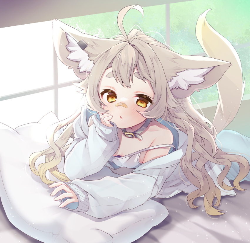 1girl amawa_uru animal_collar animal_ear_fluff animal_ears arm_support bandaid bandaid_on_face bandaid_on_nose blonde_hair breasts camisole collar fox_ears fox_girl fox_tail gradient_hair head_rest highres hood hood_down hoodie indie_virtual_youtuber light_brown_hair long_hair long_sleeves looking_at_viewer lying multicolored_hair nachiru off_shoulder on_stomach open_clothes open_hoodie orange_eyes pillow puffy_long_sleeves puffy_sleeves second-party_source small_breasts strap_slip tail white_camisole white_hoodie