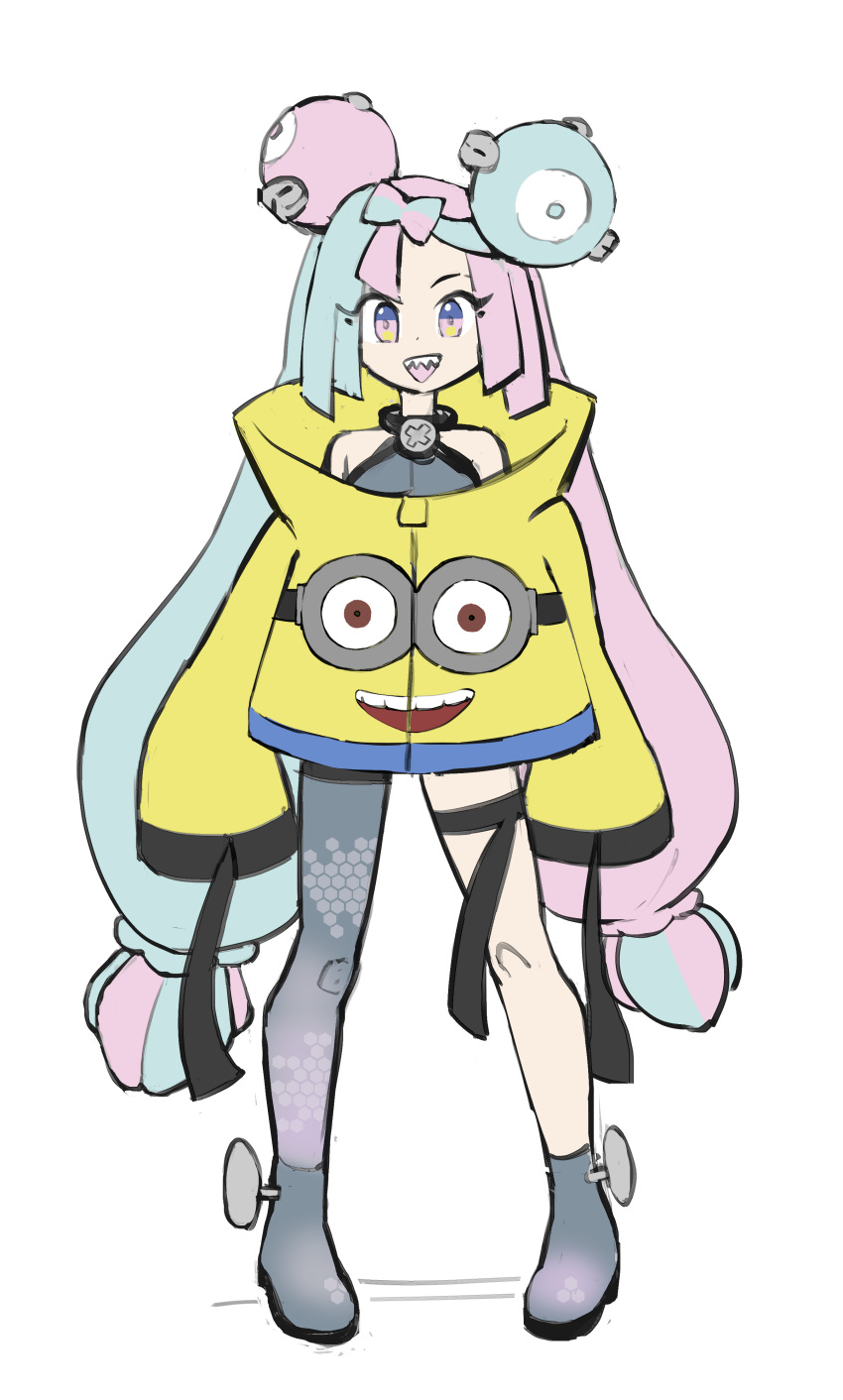 1girl absurdres bow-shaped_hair character_hair_ornament despicable_me formerly grey_pantyhose hair_ornament hexagon_print highres iono_(pokemon) jacket long_hair low-tied_long_hair minion_(despicable_me) oversized_clothes pantyhose pokemon pokemon_(game) pokemon_sv sharp_teeth simple_background single_leg_pantyhose sleeves_past_wrists solo teeth twintails very_long_sleeves white_background x yellow_jacket