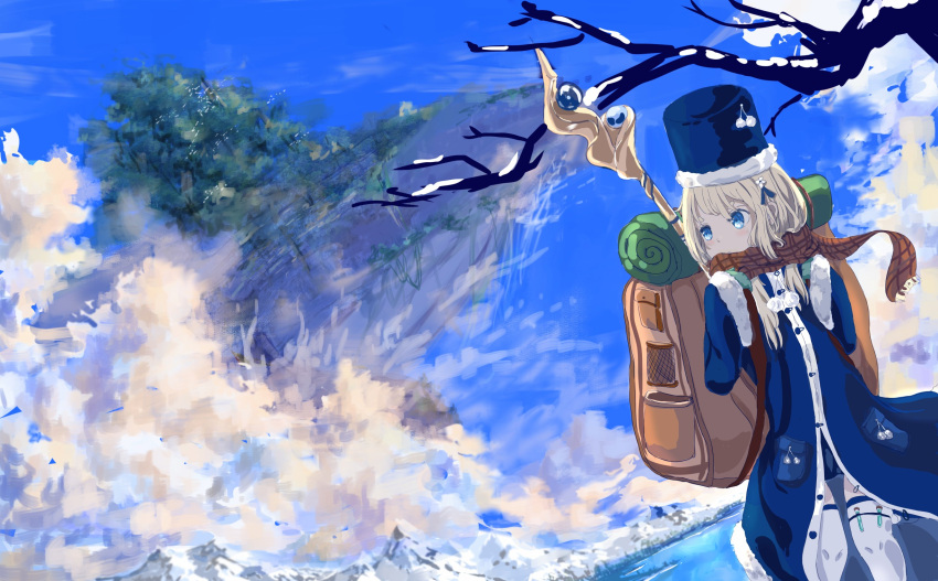 1girl animal backpack bag bangs blonde_hair blue_coat blue_dress blue_eyes blue_headwear blue_sky brown_bag c4_art clouds coat commentary cowboy_shot dress forest fur-trimmed_headwear gloves green_gloves highres holding holding_staff lake long_hair looking_back mountain nature original oversized_animal scenery sky solo staff thigh-highs water whale white_thighhighs