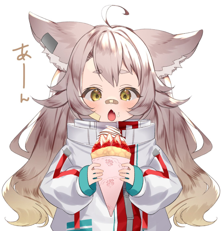 1girl amawa_uru animal_ears bandaid bandaid_on_cheek bandaid_on_face bandaid_on_nose blonde_hair chestnut_mouth commission crepe fang food food_on_face fox_ears fox_girl fruit gradient_hair highres indie_virtual_youtuber jacket light_brown_hair long_hair long_sleeves multicolored_hair open_mouth ponpe_max puffy_long_sleeves puffy_sleeves second-party_source skeb_commission sleeves_past_wrists strawberry virtual_youtuber whipped_cream white_jacket