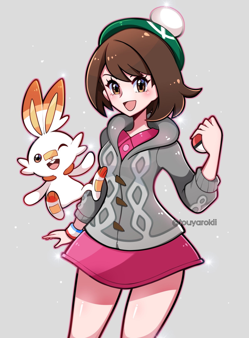 1girl brown_eyes brown_hair gloria_(pokemon) hat highres open_mouth pokemon pokemon_(creature) pokemon_(game) pokemon_swsh scorbunny touyarokii