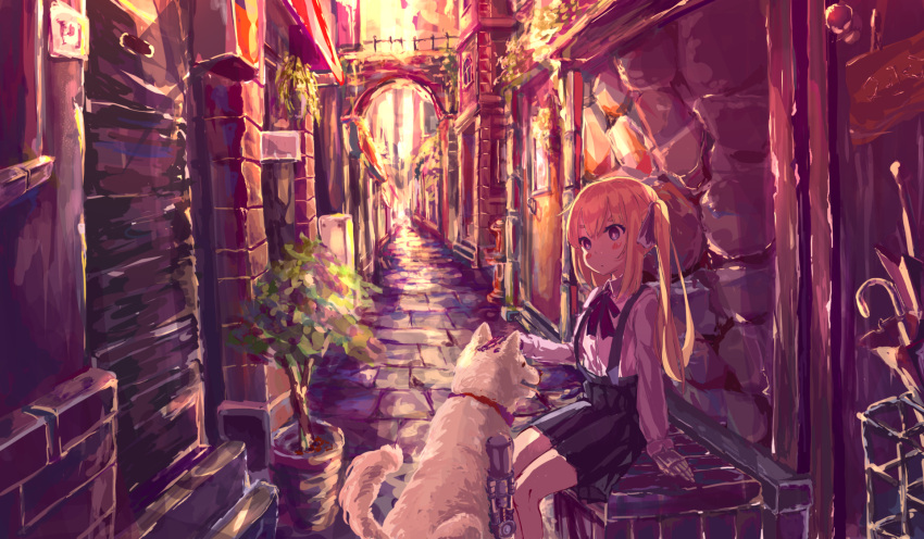 1girl alley bangs black_skirt blonde_hair blush bow bowtie box brick_floor c4_art child commentary day dog expressionless feet_out_of_frame female_child hair_bow highres long_hair long_sleeves looking_at_viewer mechanical_hands one_side_up open_mouth original outdoors petting plant pleated_skirt potted_plant purple_bow red_bow red_bowtie shirt shirt_tucked_in skirt solo stone_wall suspender_skirt suspenders wall white_shirt