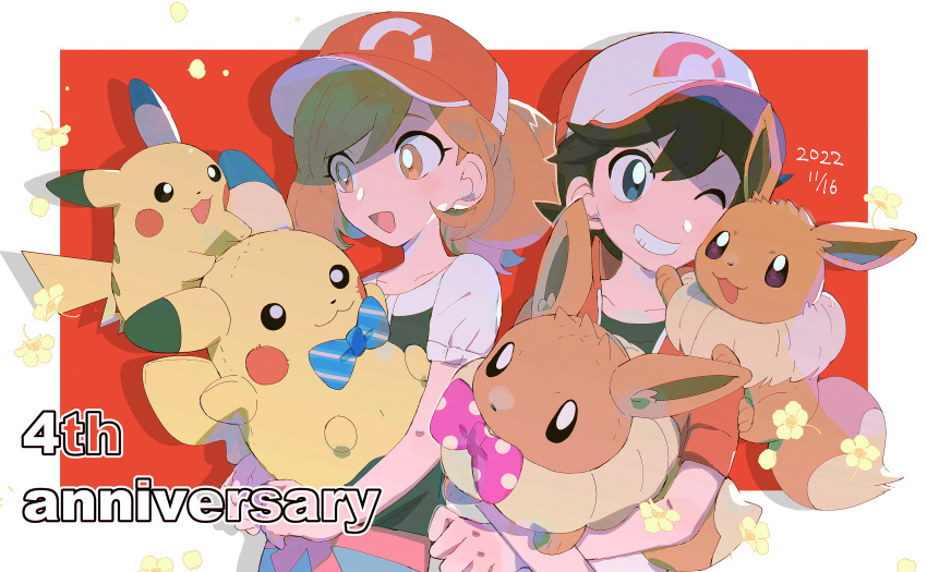 1boy 1girl :d absurdres anniversary bangs baseball_cap black_hair brown_eyes brown_hair character_doll chase_(pokemon) commentary_request dated eevee elaine_(pokemon) green_shorts hat highres jacket long_hair open_mouth pikachu pokemon pokemon_(creature) pokemon_(game) pokemon_lgpe red_headwear short_sleeves shorts smile tongue zonbi4771