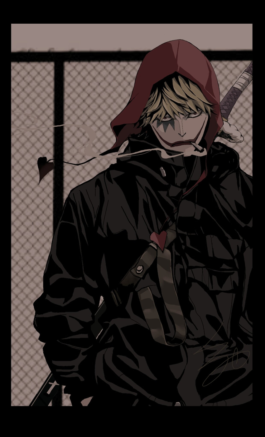 1boy alternate_costume blonde_hair cigarette commentary_request donquixote_rocinante fence hands_in_pockets hat highres jacket looking_at_viewer makeup male_focus one_piece short_hair smoke smoking sword user_erup8438 weapon