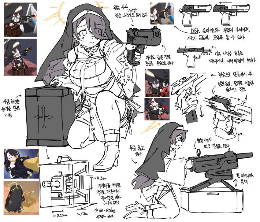 1girl aiming bangs blue_archive breasts closed_mouth cross cross_necklace dress flukhan game_screenshot gun habit hair_over_one_eye halo handgun highres hinata_(blue_archive) holding holding_gun holding_weapon jewelry kneeling korean_text large_breasts long_hair long_sleeves multiple_views necklace necktie one_knee reference_inset simple_background translation_request twitter_username weapon white_background wide_sleeves