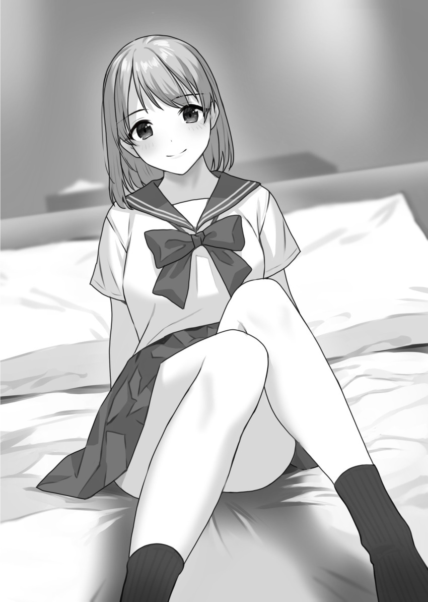 1girl bare_arms bed bed_sheet blurry blurry_background blush bow doushimasho greyscale highres legs monochrome on_bed original pillow pleated_skirt school_uniform serafuku shirt short_hair sitting skirt smile solo uniform