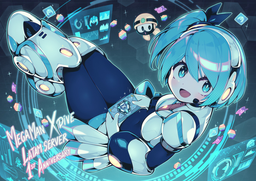 1girl :d android anniversary blue_eyes blue_hair bodysuit breasts gloves highres holding hologram legs_together light_blush looking_at_viewer mega_man_(series) mega_man_x_(series) mega_man_x_dive met_(mega_man) open_mouth parororo rico_(mega_man) robot side_ponytail smile