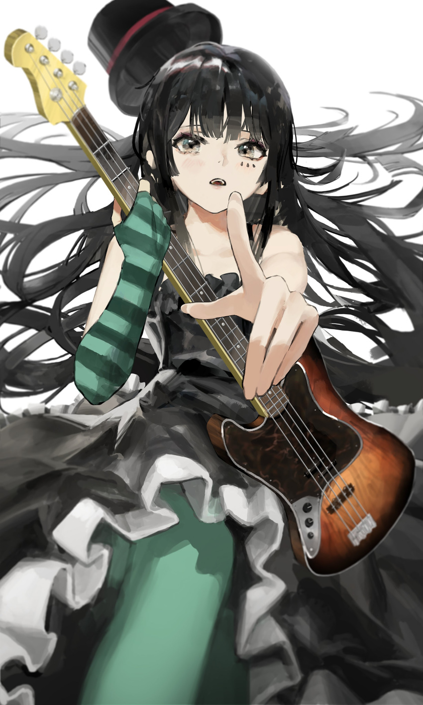 absurdres akiyama_mio bangs bass_guitar black_dress black_eyes black_eyeshadow black_hair black_headwear blunt_bangs don't_say_"lazy" dress elbow_gloves eyeshadow fingerless_gloves gloves green_pantyhose hat highres hime_cut holding holding_instrument instrument k-on! lace left-handed long_hair looking_at_viewer makeup mini_hat mini_top_hat multicolored_clothes multicolored_gloves pantyhose pointing pointing_at_viewer reclining rsef sidelocks simple_background single_glove sleeveless sleeveless_dress striped striped_gloves top_hat white_background