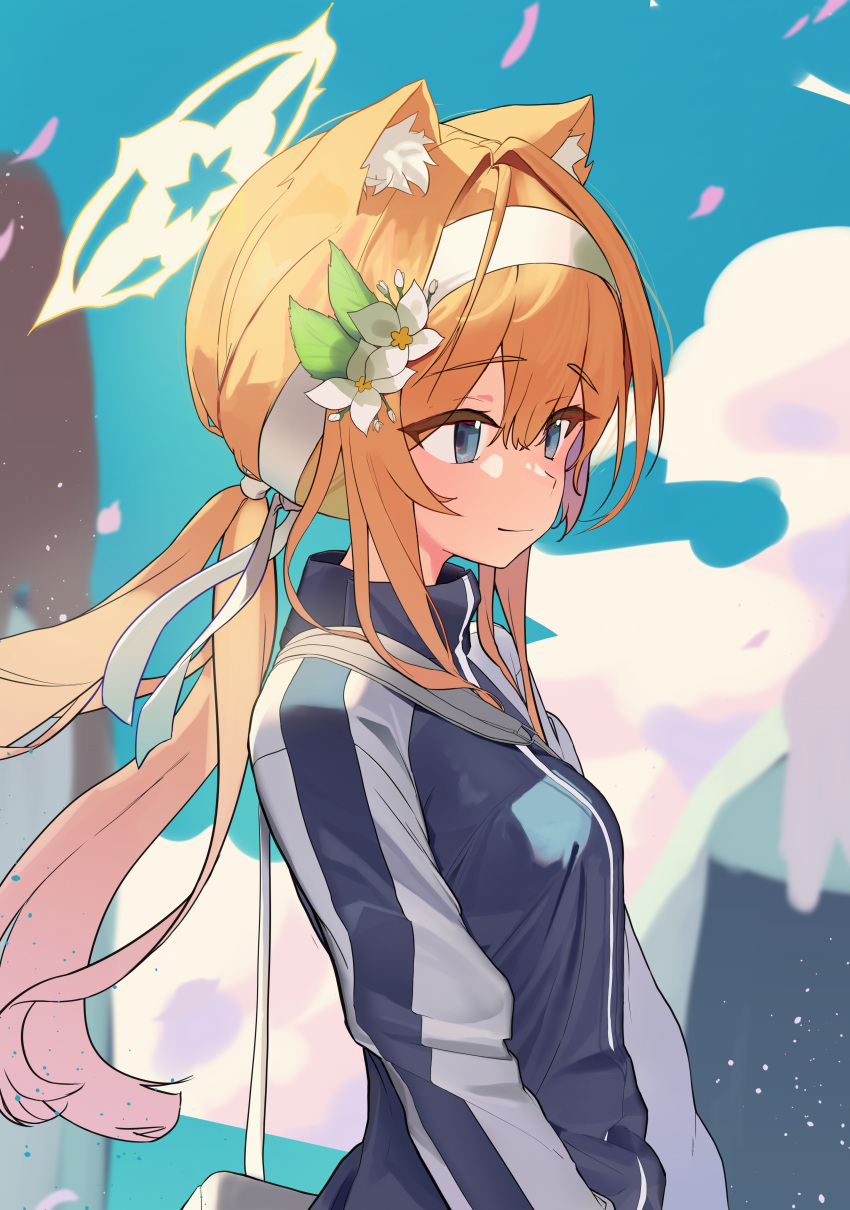 1girl absurdres animal_ears blue_archive blue_sky closed_mouth clouds day flower hair_flower hair_ornament hairband highres jacket long_hair lovelyme mari_(blue_archive) mari_(gym_uniform)_(blue_archive) official_alternate_costume orange_hair sky smile track_jacket white_hairband