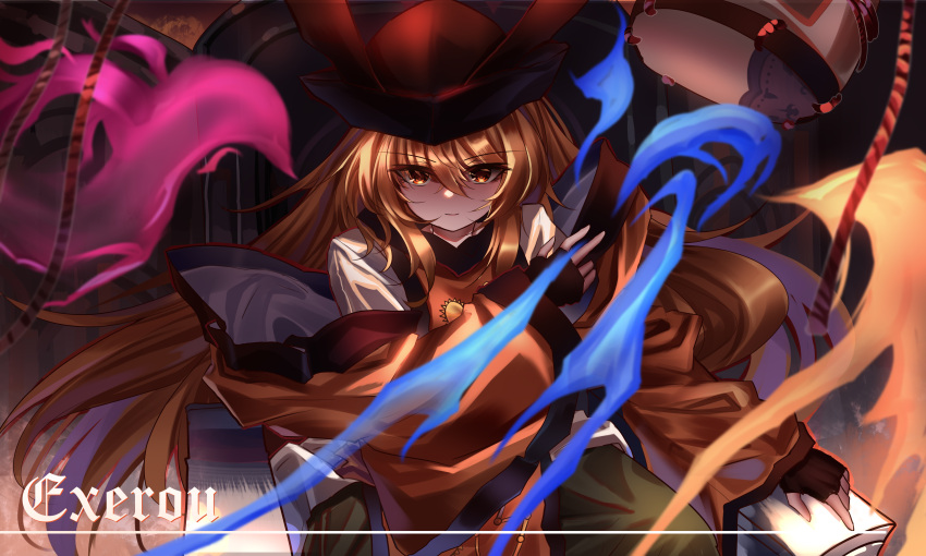 1girl absurdres black_gloves black_headwear blonde_hair chair closed_mouth constellation_print drum fingerless_gloves gloves green_skirt hair_between_eyes hat highres instrument light_smile long_hair matara_okina orange_sleeves skirt solo tabard top-exerou touhou tsuzumi wide_sleeves yellow_eyes