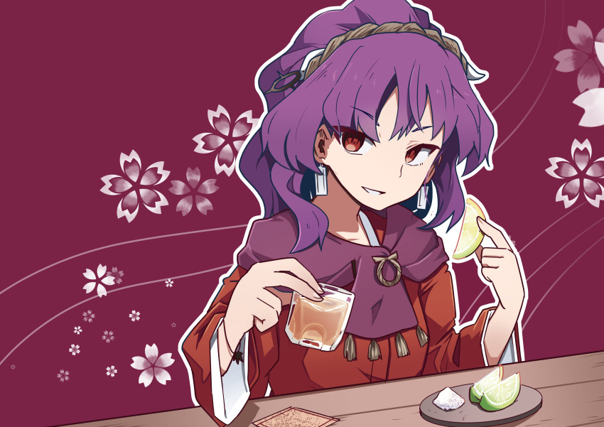 1girl :d absurdres alternate_costume alternate_hairstyle cup earrings flower highres holding holding_cup jewelry kanisawa_yuuki looking_at_viewer lotus_eaters parted_lips plate purple_background purple_hair purple_scarf red_eyes scarf short_hair smile solo touhou touhou_lost_word yasaka_kanako