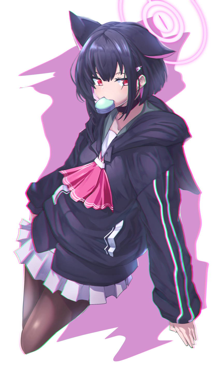 1girl animal_ears black_choker black_hair black_hoodie black_pantyhose blue_archive choker chromatic_aberration cropped_legs food food_in_mouth halo highres hood hood_down hoodie kazusa_(blue_archive) kirigakure_(user_yvtj2773) long_sleeves looking_at_viewer macaron pantyhose pleated_skirt purple_background red_eyes short_hair simple_background skirt solo two-tone_background white_background white_skirt