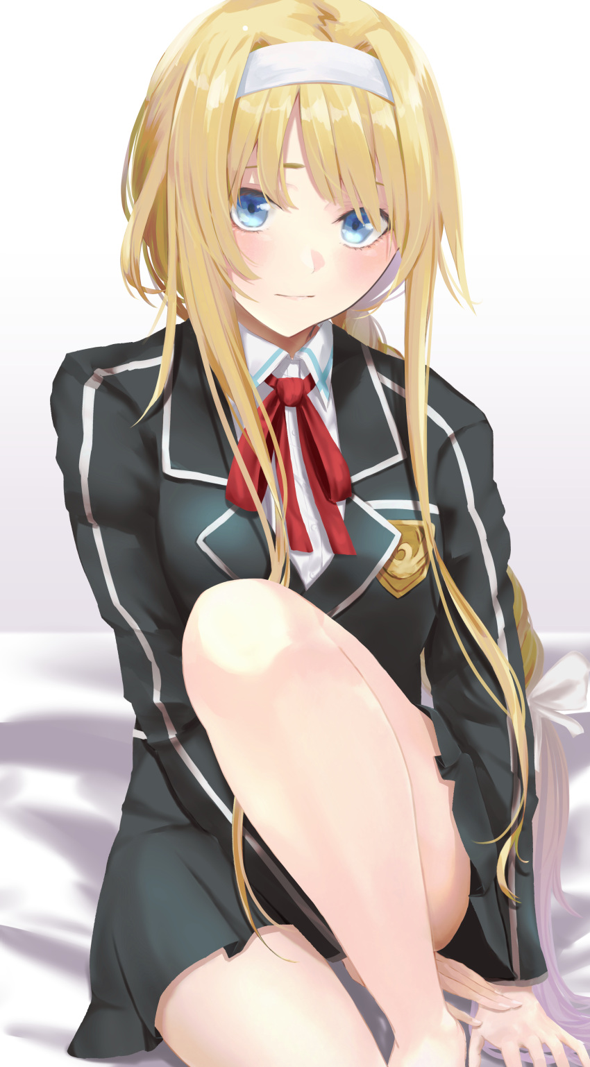 1girl absurdres alice_zuberg bangs bare_legs bed_sheet black_jacket black_skirt blonde_hair blue_eyes bow braid braided_ponytail closed_mouth collared_shirt hair_bow hairband highres jacket ka1se1 long_hair long_sleeves miniskirt neck_ribbon pleated_skirt ponytail red_ribbon ribbon school_uniform shiny shiny_hair shirt sidelocks sitting skirt solo sword_art_online very_long_hair white_background white_bow white_hairband white_shirt wing_collar