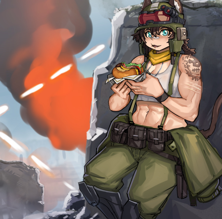 1girl abs animal_ears bandaid bandaid_on_face bandaid_on_nose blue_eyes braid brown_hair burger cat_ears cat_girl cat_tail ezzyecchi food green_jumpsuit helmet highres holding holding_food holster holstered_weapon jumpsuit jumpsuit_around_waist leaning_back military_helmet muscular muscular_female navel original ruins shoulder_tattoo solo standing tail tank_top tattoo white_tank_top