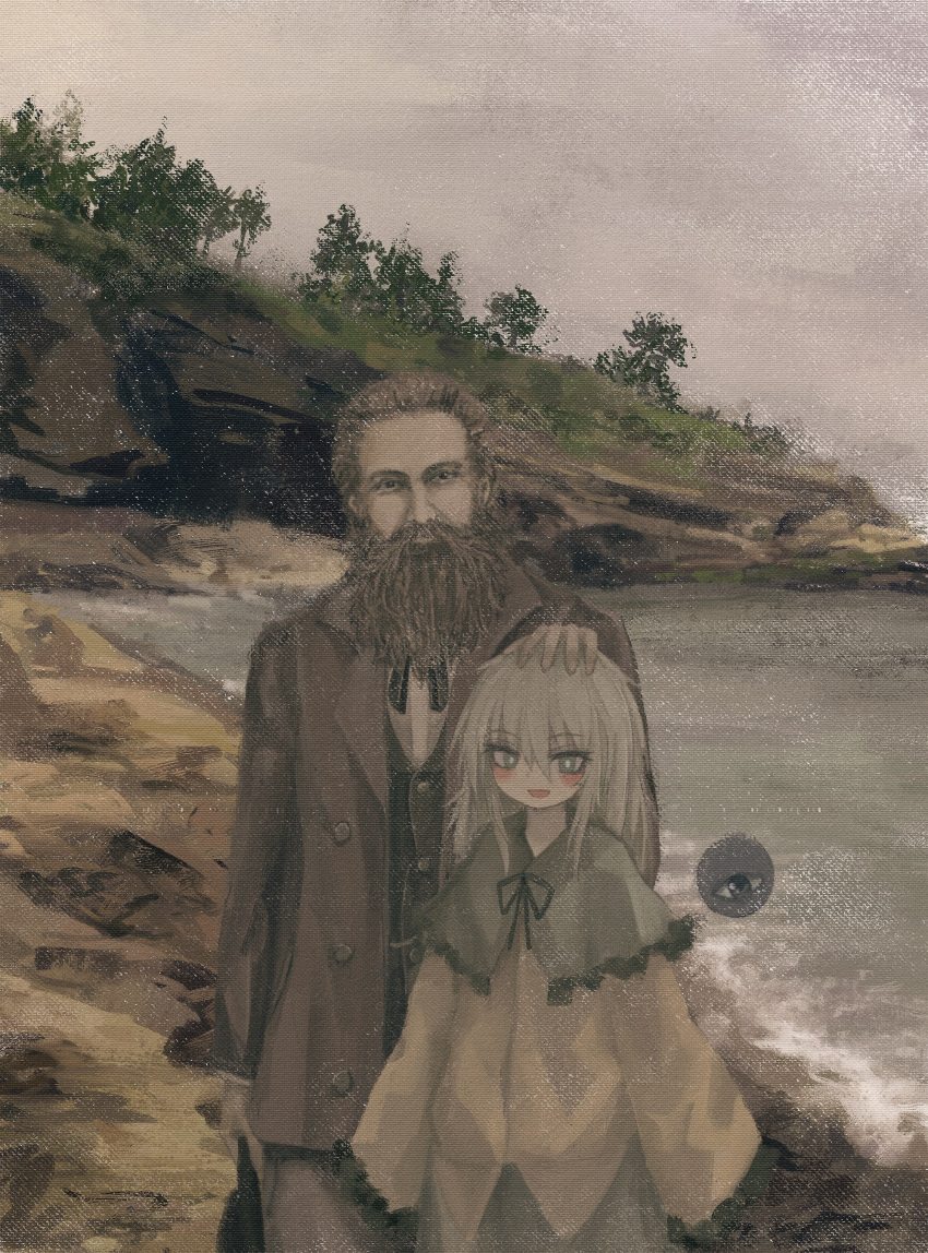 1boy 1girl absurdres beach beard bright_pupils buttons capelet character_request coat commentary facial_hair green_capelet green_eyes green_hair hand_on_another's_head highres komeiji_koishi long_sleeves looking_at_viewer mustache open_mouth outdoors reverinth shirt sky smile third_eye touhou traditional_media tree white_pupils yellow_shirt