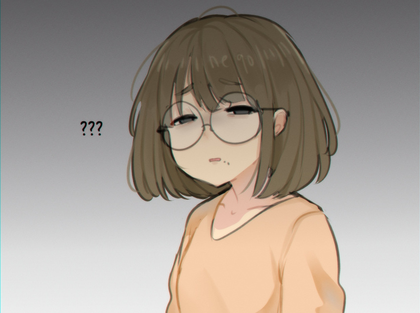 1girl ? ?? artist_name brown_eyes brown_hair collarbone commentary glasses gradient gradient_background grey_background highres looking_at_viewer messy_hair mole mole_under_mouth neqo_(neneneqo) open_mouth original shirt short_hair simple_background solo symbol-only_commentary white_background yellow_shirt