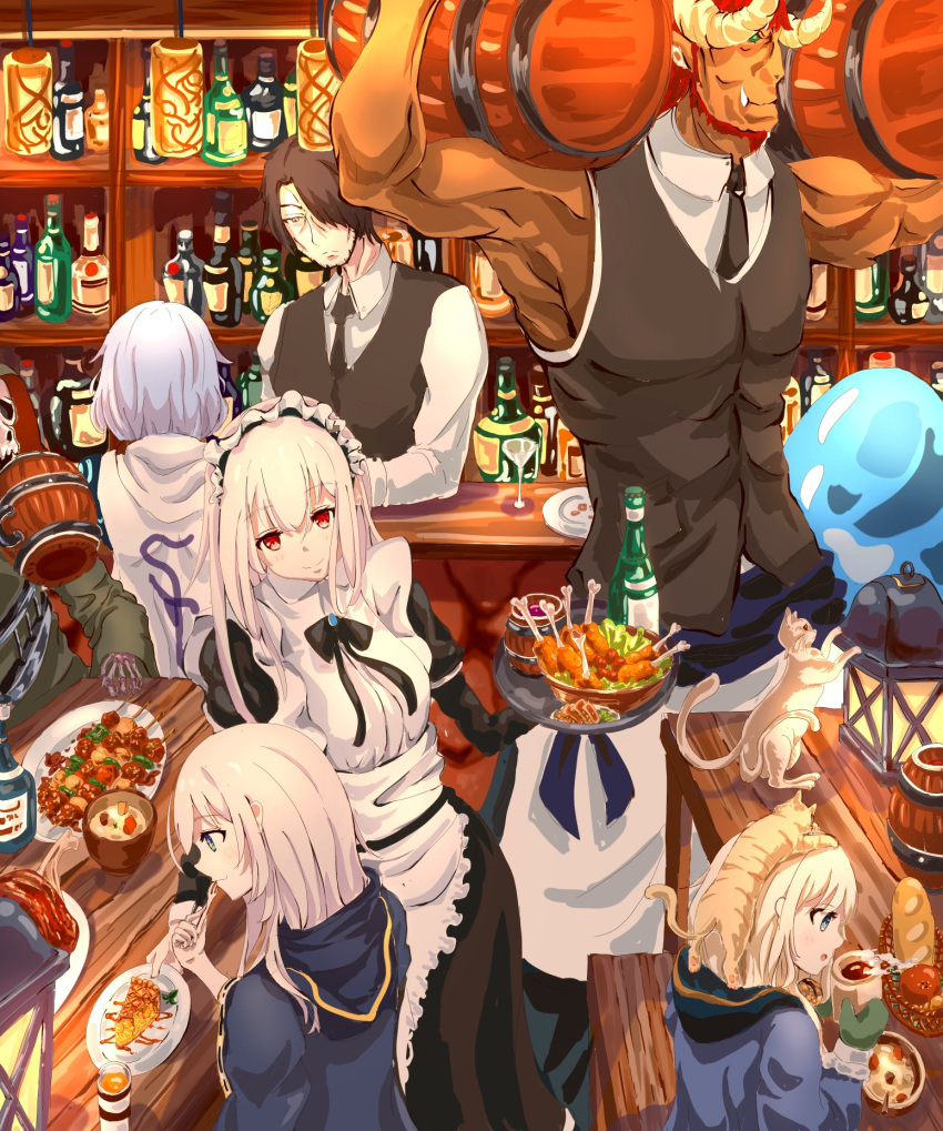 3boys 3girls alcohol animal_on_head apple_pie baguette bar_(place) bartender beard beer black_bow black_bowtie black_dress black_hair black_necktie black_vest blonde_hair blue_eyes blue_jacket bottle bow bowtie bread c4_art cat cat_on_head chicken_leg chinstrap_beard closed_mouth cocktail_glass coffee collared_shirt commentary_request cup demon_boy demon_horns dress drinking_glass facial_hair food green_eyes green_mittens hair_over_one_eye highres horns indoors jacket kebab lantern long_hair long_sleeves maid maid_headdress mittens multiple_boys multiple_girls muscular muscular_male necktie on_head original pie pie_slice red_eyes redhead shirt short_hair sitting sleeveless sleeveless_shirt smile standing table upper_body vest white_hair white_shirt wine_bottle